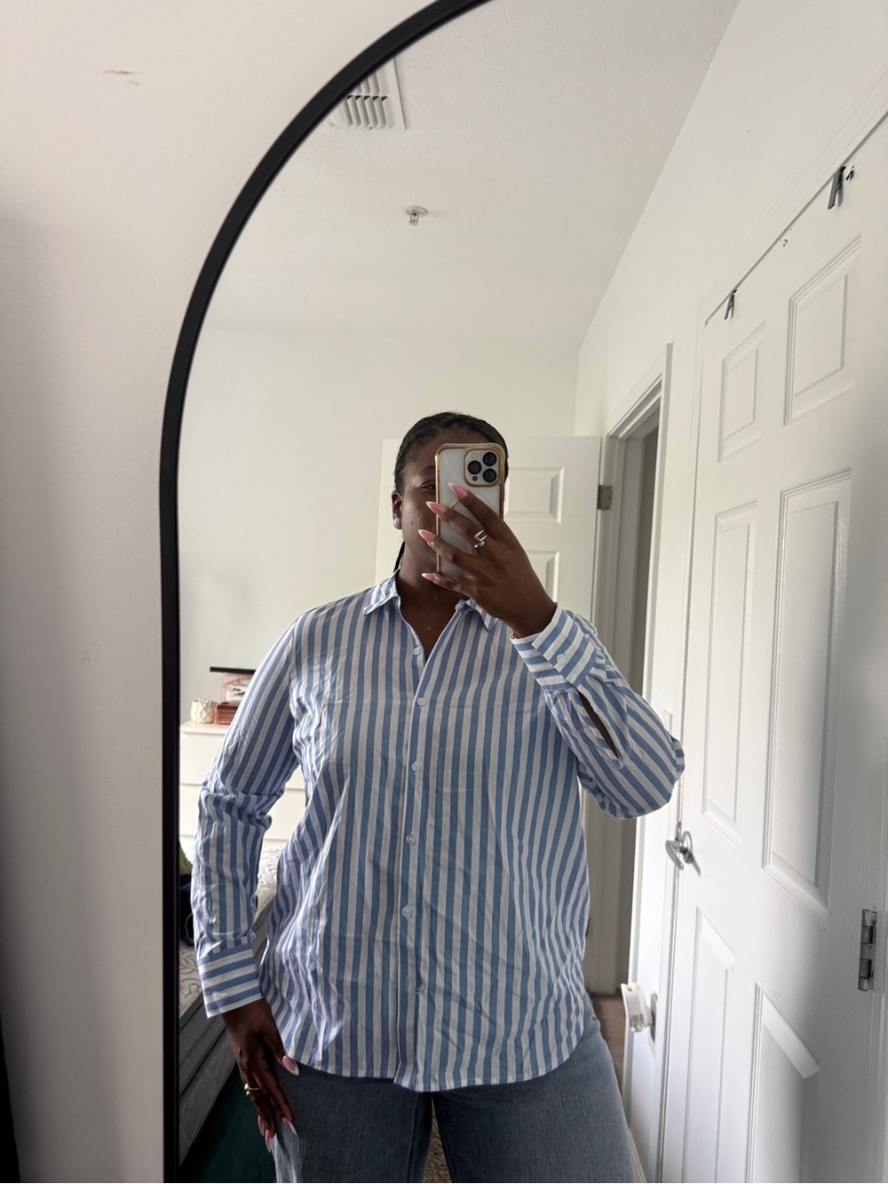 Cato Blue and White Vertical Stripe Button-Down Shirt